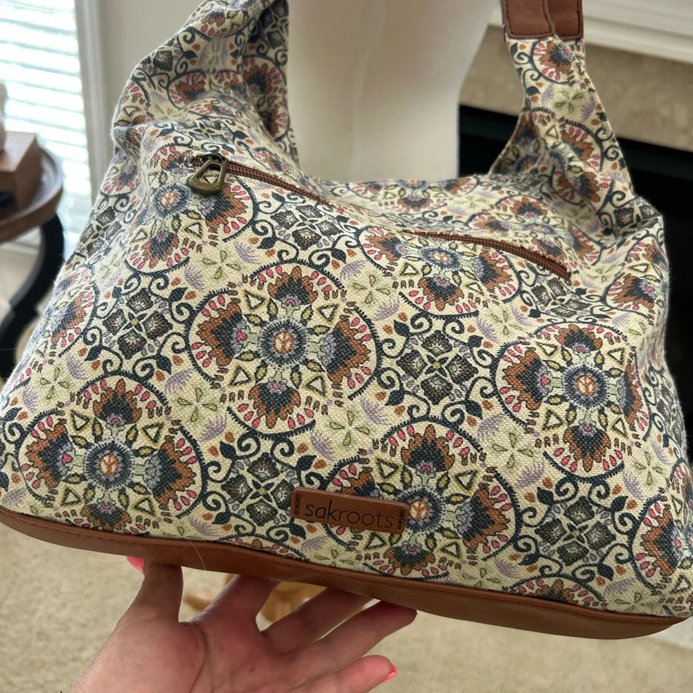 Sakroots Atlas Hobo Mosaic Cambria Print Hobo Bag with Brown Leather Straps